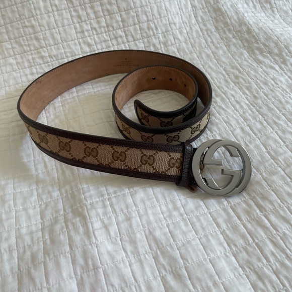 ❌SOLD❌💯Authentic Gucci Canvas Leather Silver Interlocking Buckle belt size 38 - Picture 14 of 15